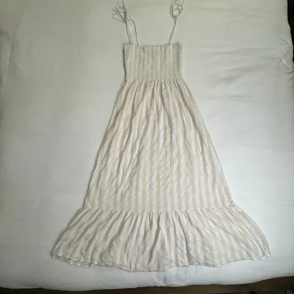 Boohoo Smocked Striped Sundress Maxi Cotton Women’s 6 Tiered Coastal Cottagecore - Picture 13 of 16